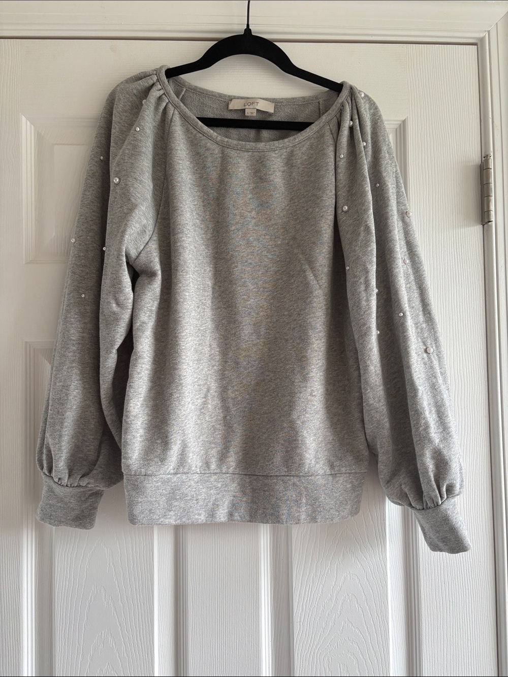 LOFT Light Gray Pearl-Trim Pullover Sweatshirt